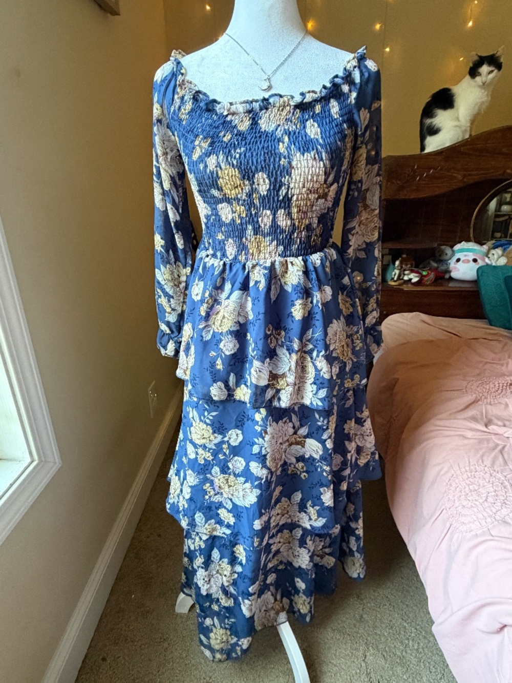 This dusty blue SHEIN maxi dress features a floral botanical pattern